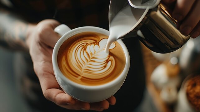 Close-up of hands pouring steamed milk from a metal pitcher into a white cup with rosetta latte art